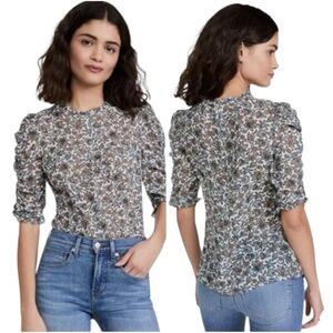 Veronica Beard Natuka silk Floral blue/brown Smocked Short Sleeve blouse size 4